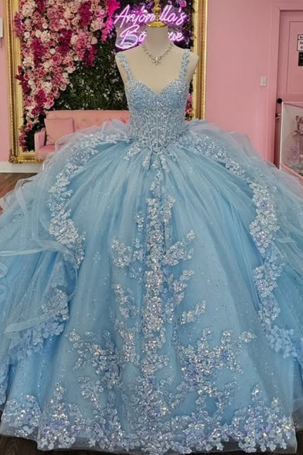 WQ1450 - Vestido de fiesta sin tirantes, sin mangas, con cuentas, volantes, lentejuelas, tul, capas, tul brillante, vestido de quinceañera, vestido de fiesta de cumpleaños, vestido formal de noche para dulces 16