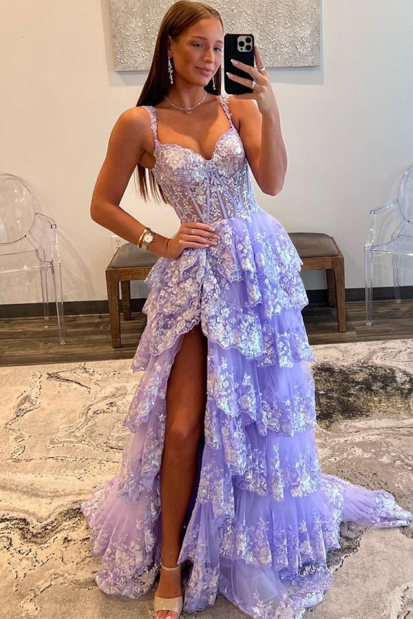 WU1130 - Wunderschönes schulterfreies ärmelloses Ball- und Partykleid mit Pailletten, hohem Seitenschlitz und Schleppe, Abendkleid, Cocktailkleid