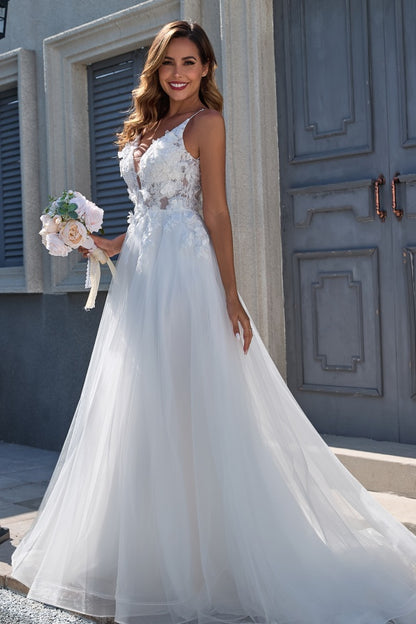 WW1005 - Elegant A-Line V Neck Spaghetti Straps Sleeveless Tulle Wedding Dress Appliques V Back Floor Length Bridal Gown