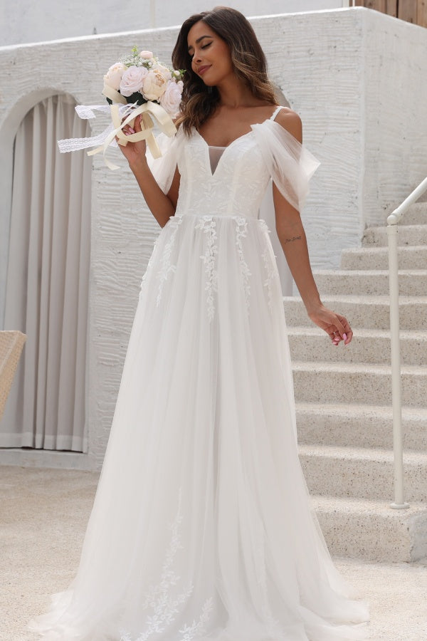 WW1009 - Chic A-Line Off Shoulder Spaghetti Straps Appliques Tulle Wedding Dress Floor Length Lace Up Beach Bride Gown