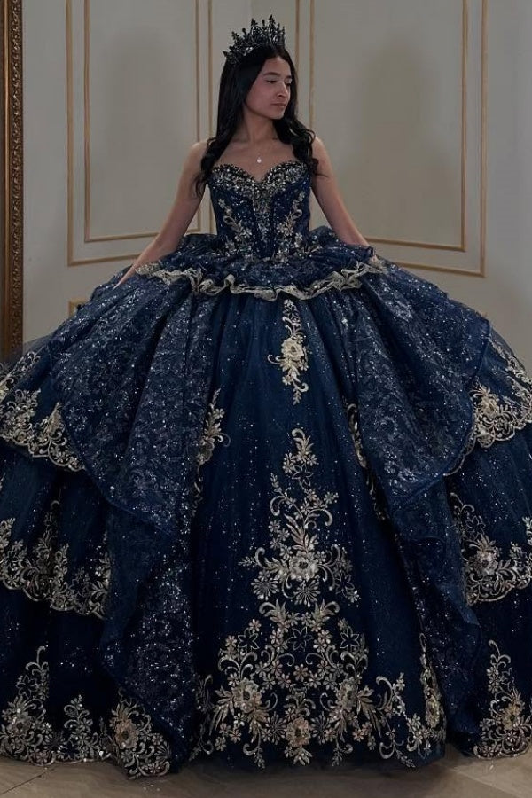 Quince Dress Prom Royal Blue And Gold Sweet 16 Dresses Strapless Sleeveless Beaded Ruffles Sequins Tulle Quince Dress Prom Royal Blue And Gold Sweet 16 Dresses Strapless Sleeveless Beaded Ruffles Sequins Tulle