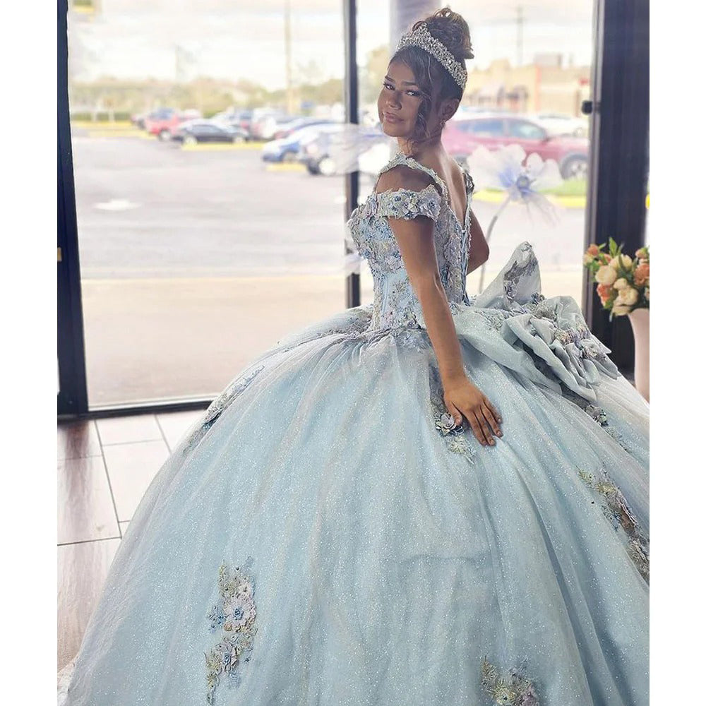 Sky Blue Quinceanera Dresses Ball Gown Sparkly Off Shoulder Beaded Corset Flowers Appliques Glitter Tulle Princess Sweet 16 15 Dress Birthday Party Gown