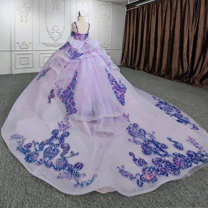 Purple Quinceanera Dresses Sequined Ball Gown Beaded Spaghetti Straps Sweetheart Bow Tiered Ruffles Sweet 16 Evening Party Dress