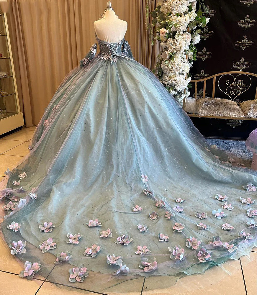 Sweetheart Corset Ball Gown Off Shoulder Quinceanera Dresses with Sleeves 3D Flowers Appliques Sparkly Beaded Tulle Lace Up Sweet 16 Dress Princess Party Gown