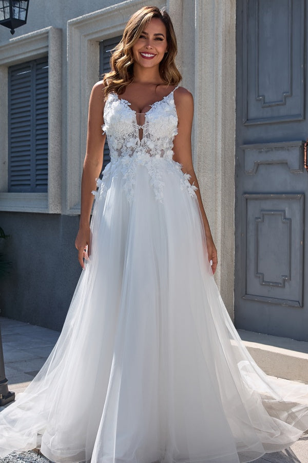 WW1005 - Elegant A-Line V Neck Spaghetti Straps Sleeveless Tulle Wedding Dress Appliques V Back Floor Length Bridal Gown