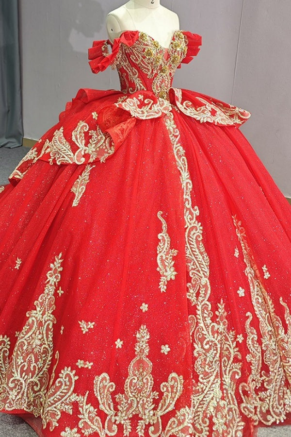 Langes Quinceanera-Kleid mit Herzausschnitt für Damen, trägerloses Korsett mit Blumenapplikationen, Perlenbesetztes Tüll-Ballkleid 