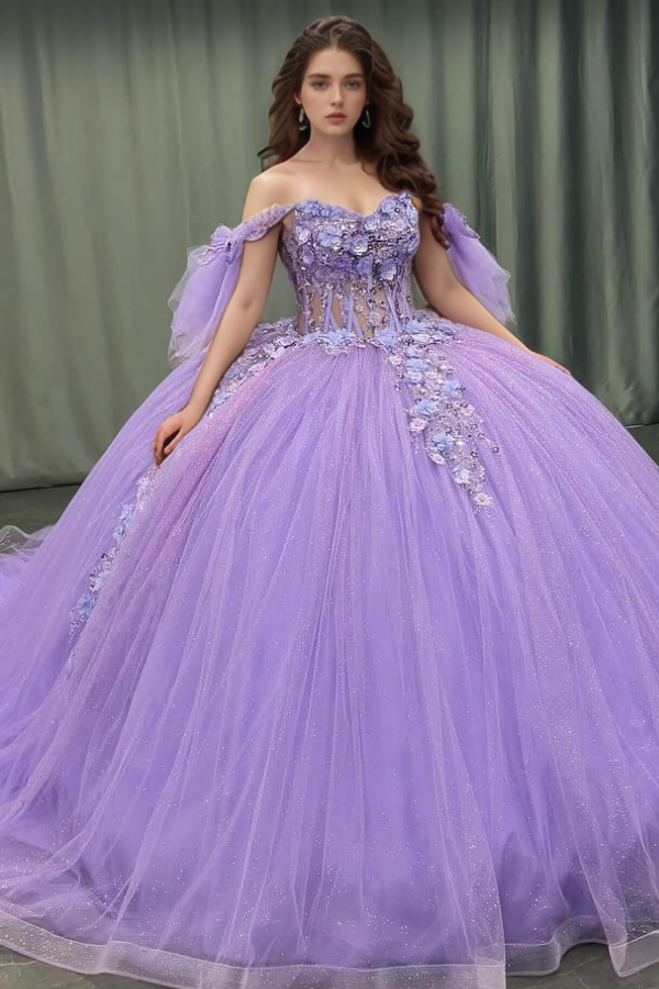 Off Shoulder Sleeveless Sequins 3D Flowers Appliques Purple Quinceanera Dress WQ1350