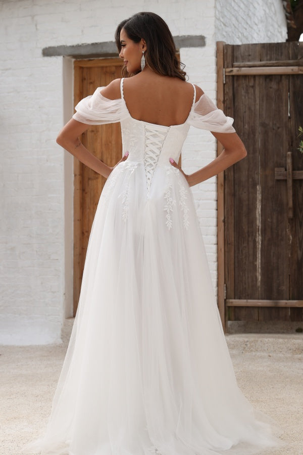 WW1009 - Chic A-Line Off Shoulder Spaghetti Straps Appliques Tulle Wedding Dress Floor Length Lace Up Beach Bride Gown