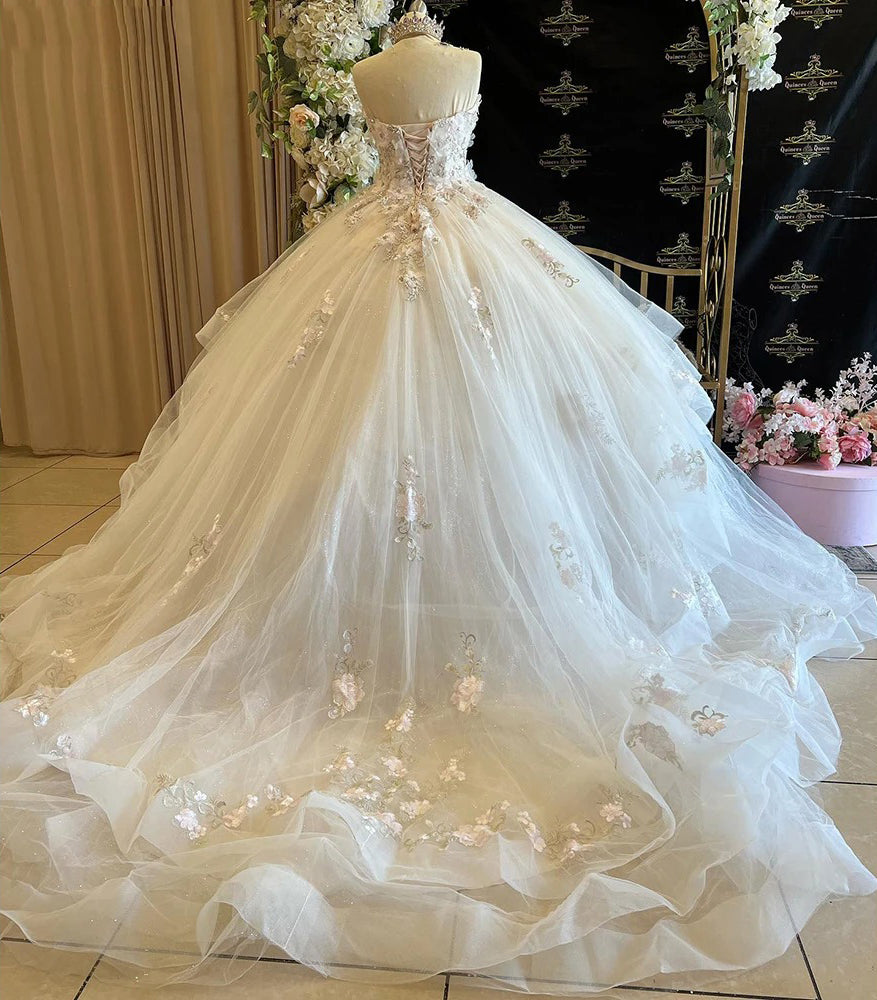 Strapless Quinceanera Dresses Ball Gown Flowers Lace Appliques Beaded Sweetheart Backless Tiered Tulle Ruffles Princess Sweet 15 16 Birthday Prom Party Gown