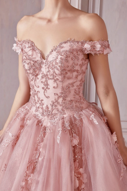 WQ1310 - Chic & Cute Ball Gown Off Shoulder Sleeveless Beaded 3D Flower Appliques Lace Up Pink Tulle Quinceanera Dress Birthday Party Gown for Sweet 16