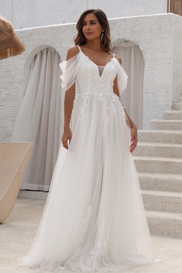 WW1009 - Chic A-Line Off Shoulder Spaghetti Straps Appliques Tulle Wedding Dress Floor Length Lace Up Beach Bride Gown