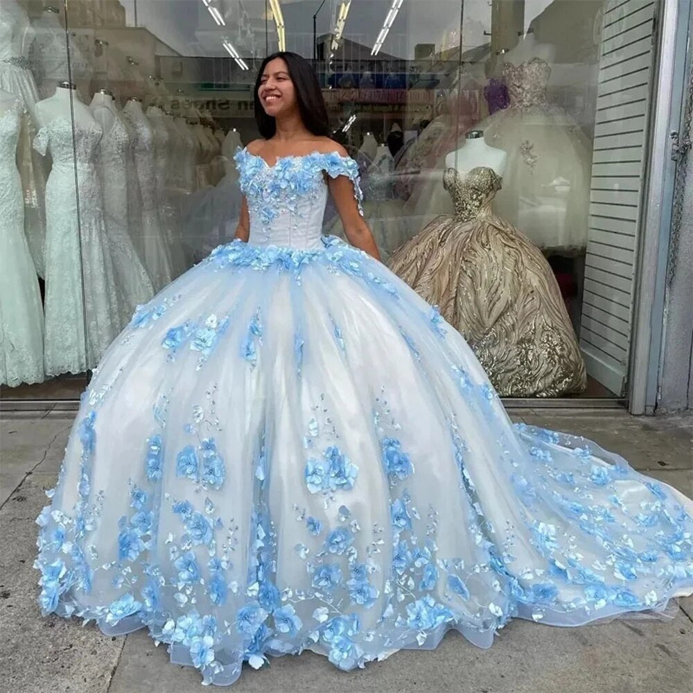 Robe de bal princesse bleu ciel à épaules dénudées, robe de bal à fleurs 3D, appliques, perles, longue traîne, corset à lacets, robe de bal, robe Sweet 16