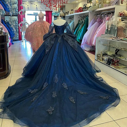 Navy Blue Long Sleeve Tiered Ruffles Quinceanera Dresses Ball Gown Beading Appliques Lace Off Shoulder Princess Sweet 16 Birthday Party Gown