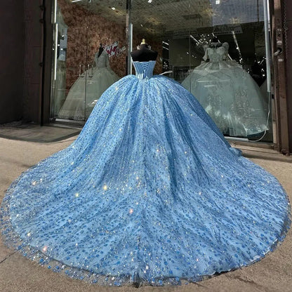 Sky Blue Strapless Sequined Quinceanera Dresses Ball Gown 2024 Corset Beading Glitter Tulle Princess Sweet 15 16 Birthday Party Gown with Train