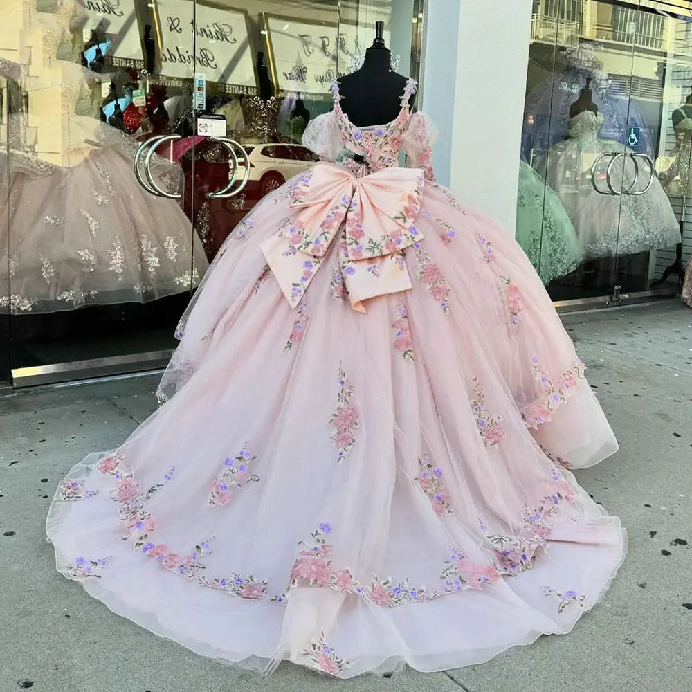 Pink Quinceanera Dresses V Neck Spaghetti Straps Ball Gown Puff Sleeves Floral Appliques Lace Beading Corset Tiered Ruffles Bow Sweet 16 Party Gown