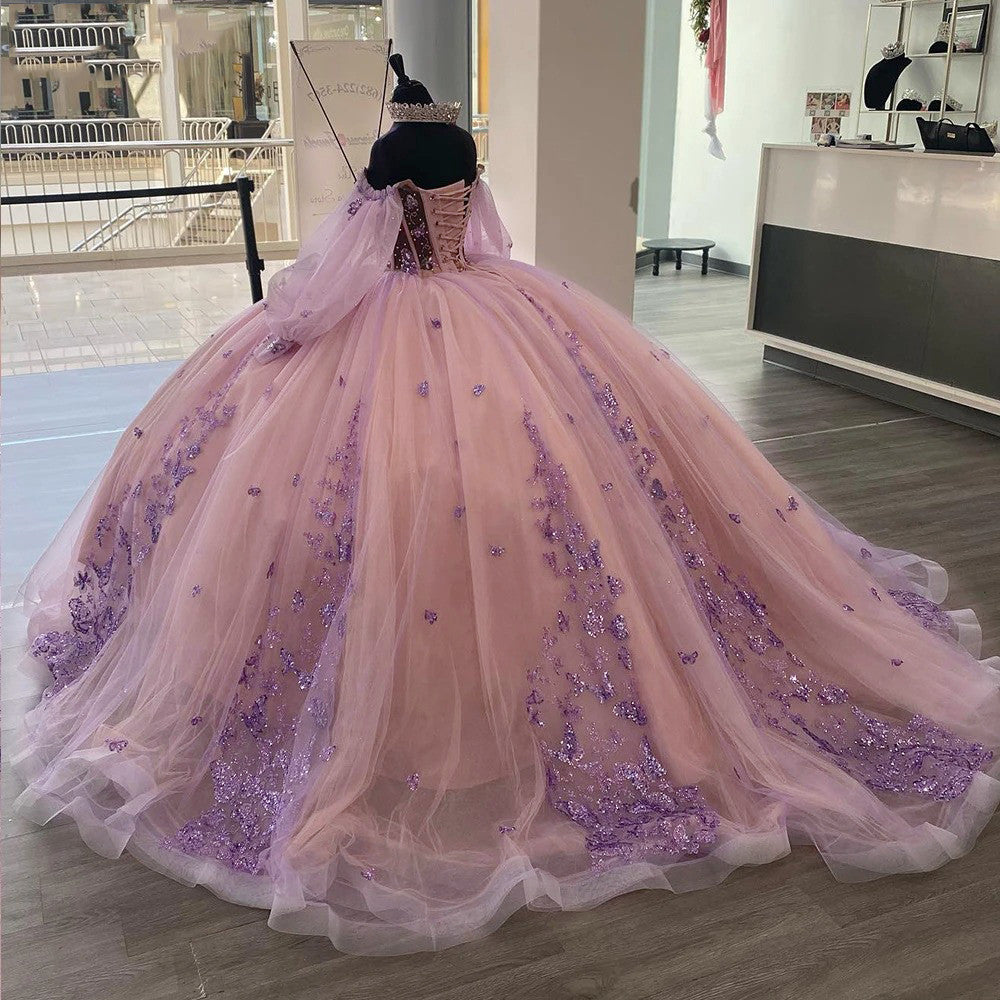 Rosa Herzausschnitt Korsett Ballkleid Off Shoulder Prinzessin Quinceanera Kleider Schmetterling Applikationen Funkelnde Perlen Tüll Lange Ärmel Abschlussball Party Kleider