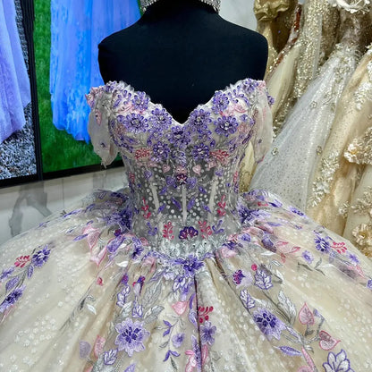 Princess Off Shoulder Beading Corset Quinceanera Dresses Sweetheart Ball Gown Floral Appliques Lace Sweet 15 16 Birthday Party Gown