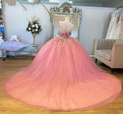 Sparkly Pink Floral Quinceanera Dresses Ball Off the Shoulder Applique Beads Corset Tulle Prom Dress Birthday Party Gowns For Girls Sweet 16 Dress