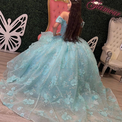 WQ1055 - Ball Gown Off Shoulder Beaded 3D Flower Appliques Ruffles Lake Blue Tulle Princess Gown Quinceanera Dress for Sweet 16 Dress