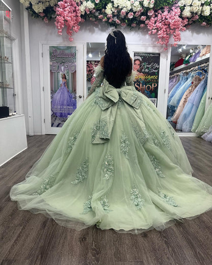 WQ1121 - Elegant Ball Gown Sweetheart Neck Detachable Long Sleeves Lace Appliques Feather Bow Knot Sage Green Tulle Quinceanera Dress Evening Party Gown for Sweet 16