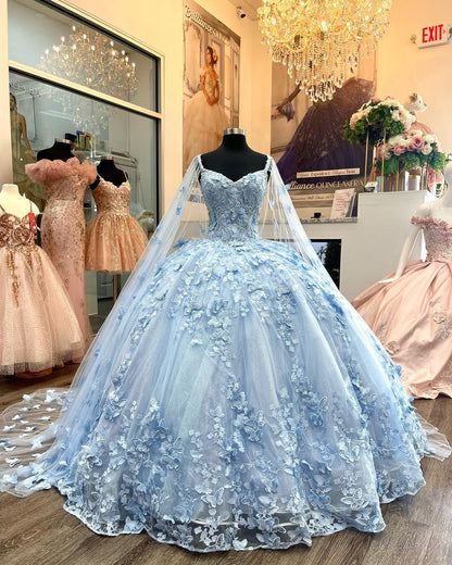 WQ1134 - Elegant Ball Gown Off Shoulder 3D Butterfly Lace Appliqued Sky Blue Tulle Quinceanera Dress Princess Cocktail Party Gown Sweet 16