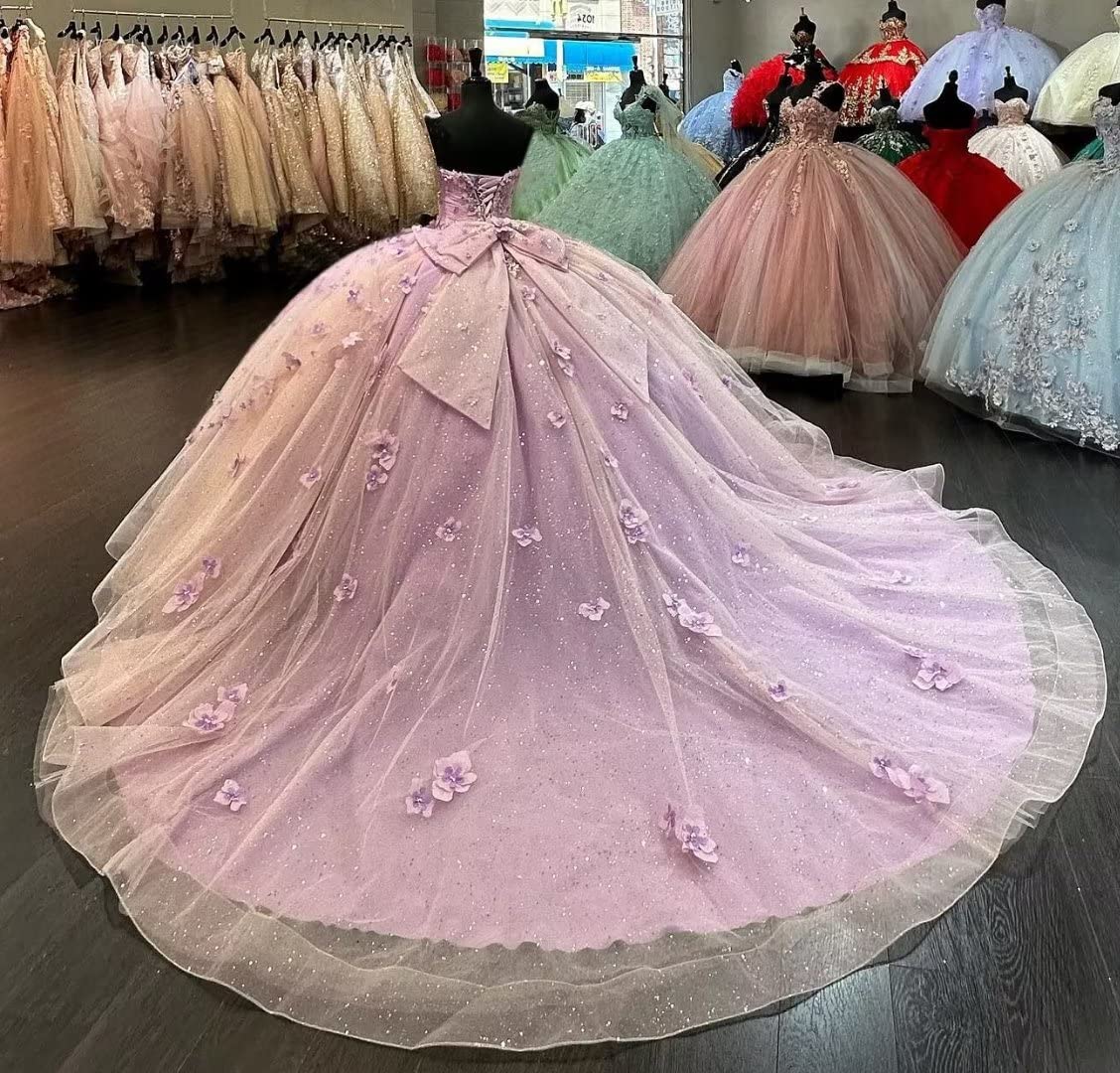 Robe de bal à paillettes lilas avec décolleté en cœur et fleurs 3D, robe de soirée bouffante en tulle perlé sans bretelles avec appliques en dentelle et tulle perlé pour fête d'anniversaire de 16 ans