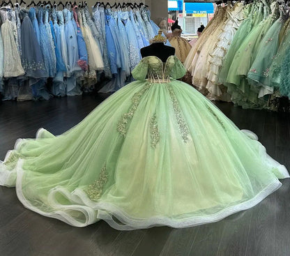 Robe de Quinceanera vert sauge à paillettes en dentelle à épaules dénudées, robe de bal longue en tulle, robe de soirée Sweet 15 16