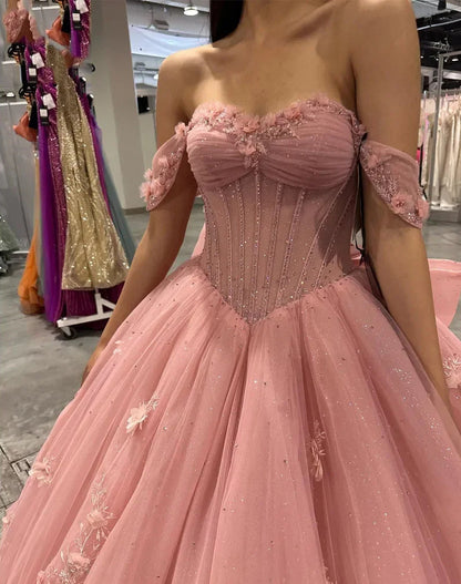 WQ1036 - Elegant Ball Gown Off Shoulder 3D Flower Lace Appliques Pink Tulle Quinceanera Dress for Sweet 16