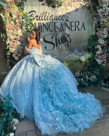 WQ1115 - Chic & Modern Ball Gown Off Shoulder Sweetheart Corset Flowers Lace Appliques Sky Blue Tulle Quinceanera Dress Princess Party Gown for Sweet 16