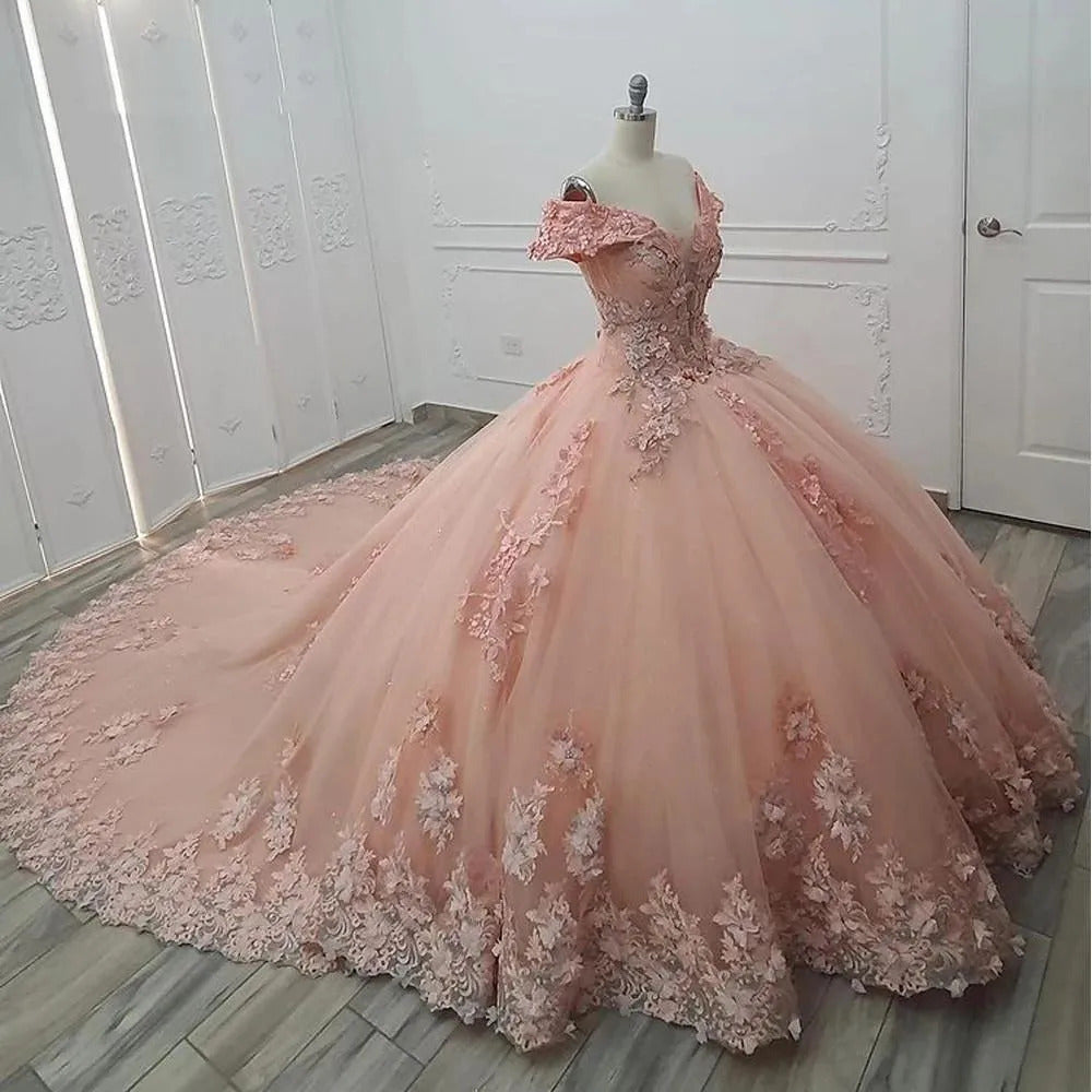 WQ1012 - Ball Gown Off Shoulder 3D Flower Appliques Sweep Train Pink Tulle Princess Quinceanera Dress