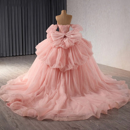 Princess Sweet 16 Strapless Quinceanera Dresses with Detachable Sleeves Ball Gown Ruffle Tiered Tulle Bow Birthday Prom Gowns