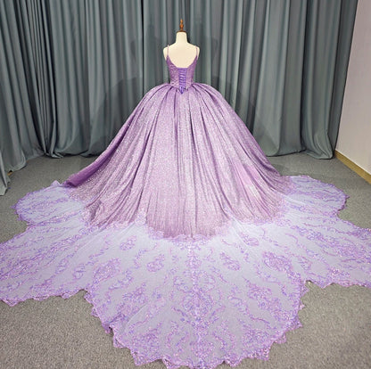 Sweet Purple Shiny Princess Quinceanera Dresses 3D Floral Ball Gown Spaghetti Straps Lace Tulle Corset vestido de quinceanera