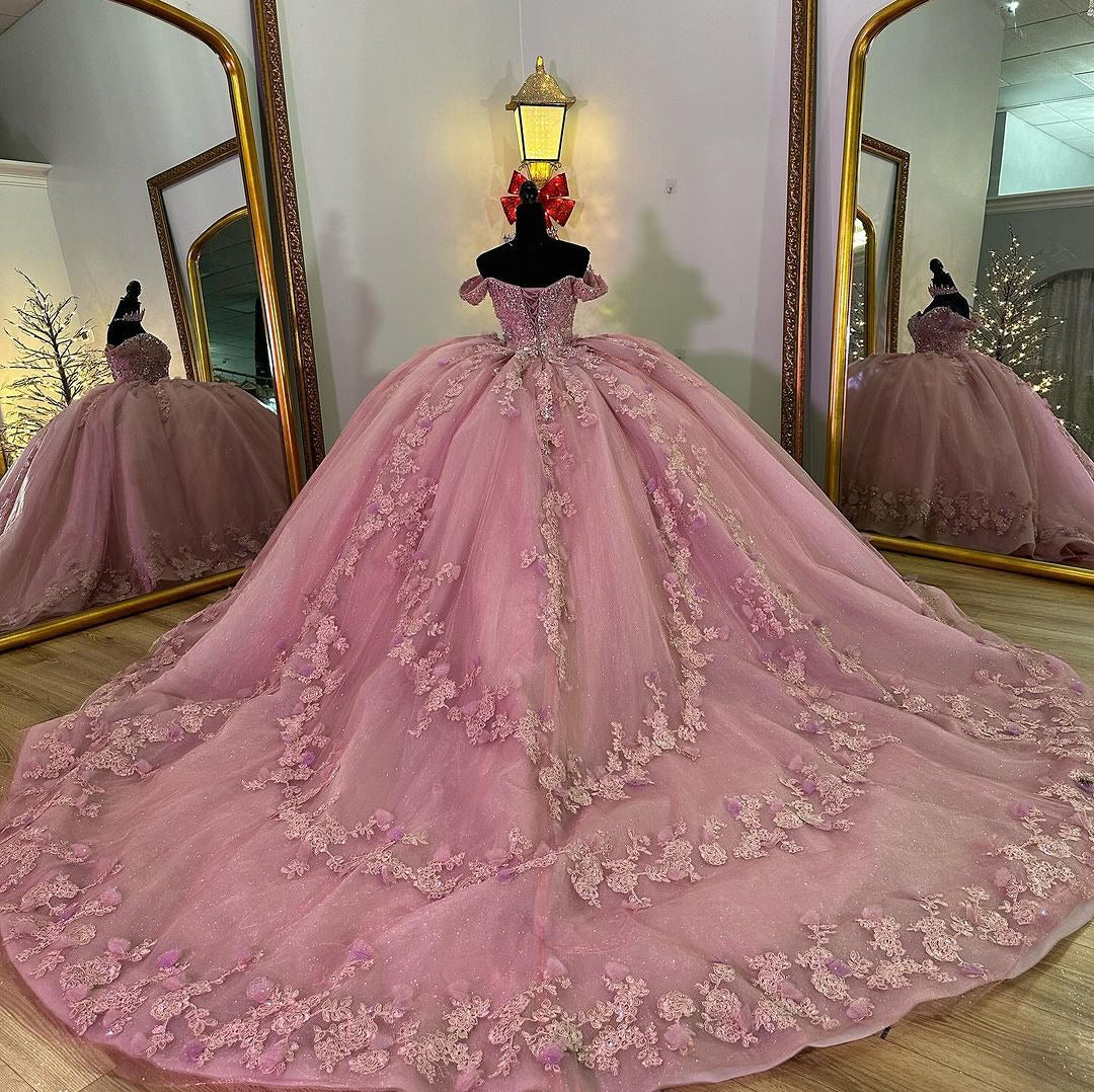 WQ1166 - Ball Gown Off Shoulder 3D Flowers Lace Appliques Pink Tulle Quinceanera Dress Princess Evening  Party Gown for Sweet 16