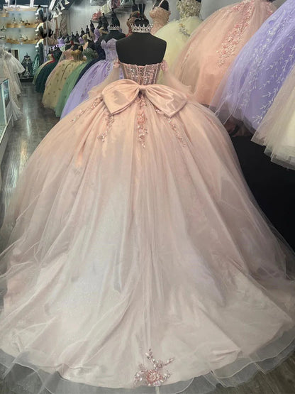 Robe de Quinceanera rose à épaules dénudées, corset en tulle, robe de bal de princesse, avec perles et fleurs 3D, robe de soirée Sweet 15 16