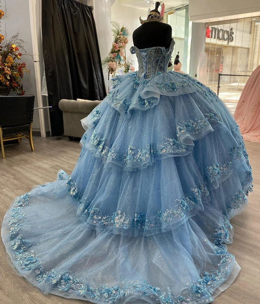 WQ1088 - Ball Gown Off Shoulder Tiered 3D Flowers Appliques Light Blue TulleQuinceanera Dresses Princess Formal Evening Party Gown for Sweet 16