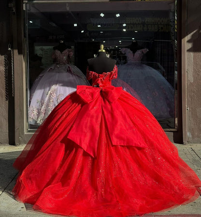 Rotes schulterfreies Sweetheart-Korsett-Ballkleid-Prinzessin-Quinceanera-Kleider, Perlenbesetztes Korsett, Glitzer-Tüll, Sweet 16-Kleid, Abschlussball-Partykleider