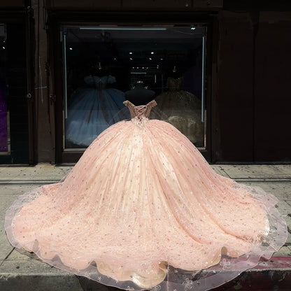 Luxuriöses rosa Quinceanera-Kleid für Damen, schulterfrei, 3D-Blumenapplikationen, Perlenbesetztes Korsett, Ballkleider, Prinzessinnen-Partykleid