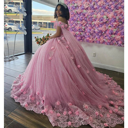 Pink Off Shoulder Quinceanera Dresses For Sweet 15 16 Years Birthday Party Gowns with Fairy Cape Flowers Lace Appliques Beaded Glitter Tulle Puffy Ball Gown
