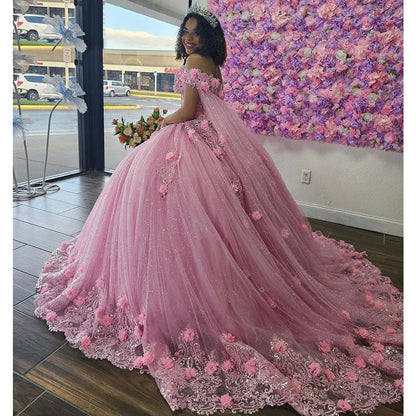 WQ1195 - Chic & Cute Ball Gown Off Shoulder 3D Flower Lace Appliques Beaded Pink Tulle Quinceanera Dress Birthday Party Gown for Sweet 16