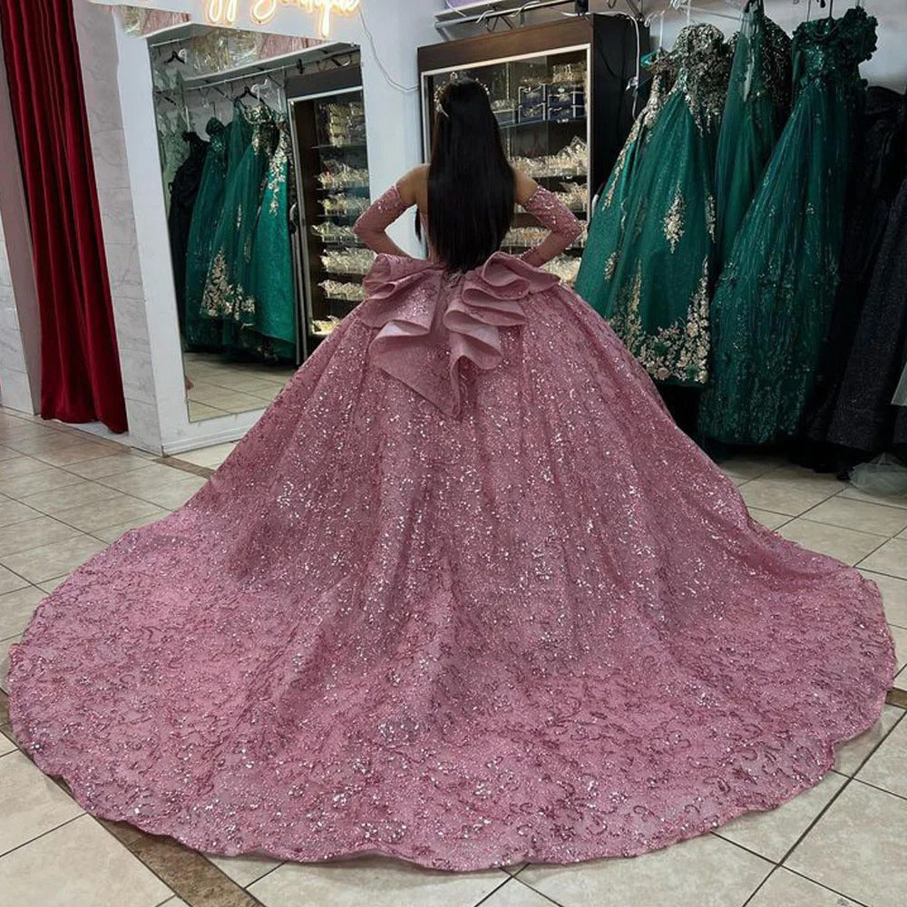 Dusty Pink Princess Ball Gown Quinceanera Dresses 2024 Sparkly Beaded Corset Strapless Sweetheart Tulle Sweet 16 Dress Party Gowns