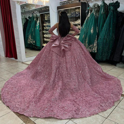 WQ1174 - Luxuru & Glamorous Ball Gown Strapless Detachable Sleeves Fulle Sequins Beaded Dusty Pink Tulle Princess Party GownQuinceanera Dress for Sweet 16