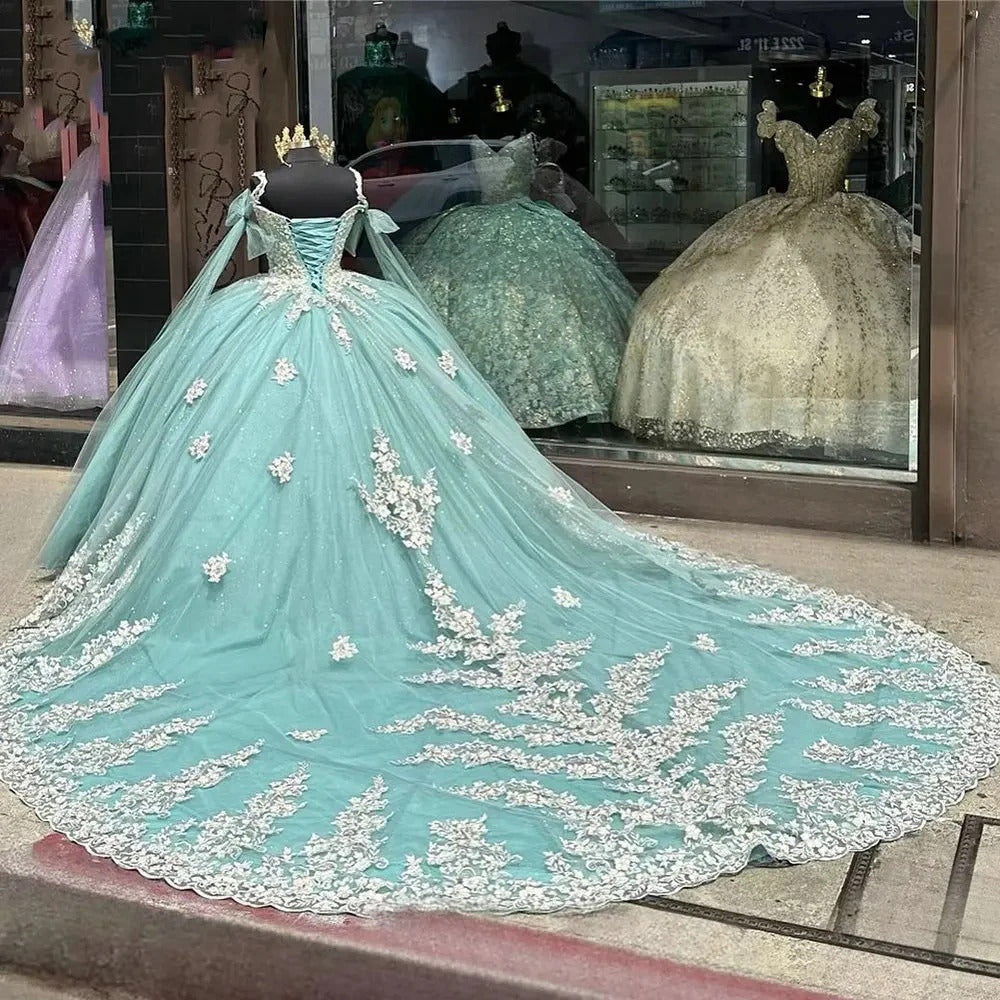 Robe de Quinceanera vert menthe 2024, robe de bal en tulle pailleté, décolleté en cœur, fleurs 3D, appliques en dentelle, robe perlée Sweet 16 pour femmes