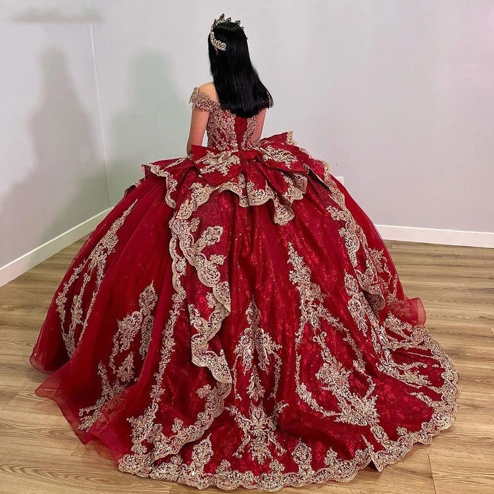 Sparkly Red Sweet 16 Ball Gown Quinceanera Dresses with Bow Beaded Lace Appliques Off Shoulder Tiered Ruffles Birthday Prom Party Gowns