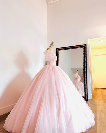 Rosa Prinzessin Quinceanera Kleider Ballkleid Tüll Schulterfrei Puffärmel A Linie Herzausschnitt Lange Ballkleider Sweet 16 Kleid