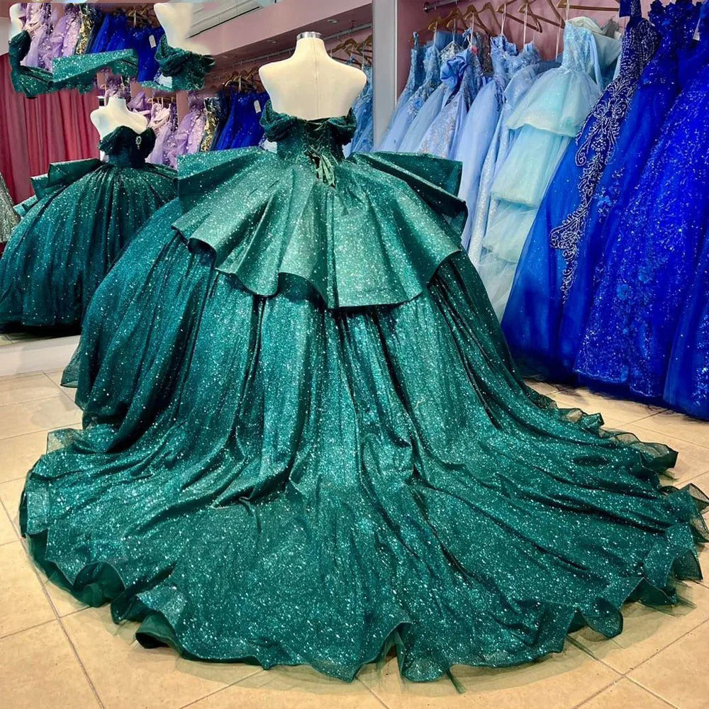 Emerald Green Sparkly Quinceanera Dresses Ball Gown Off Shoulder Tiered Ruffle Glitter Tulle Sweet 16 Dress Beads Corset Princess Party Gowns