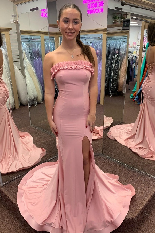 WU1130 - Wunderschönes schulterfreies ärmelloses Ball- und Partykleid mit Pailletten, hohem Seitenschlitz und Schleppe, Abendkleid, Cocktailkleid