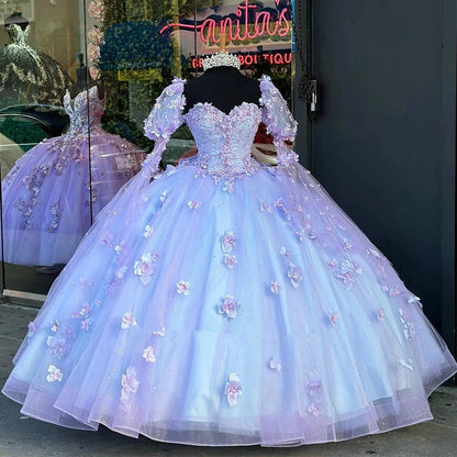 Robe de Quinceanera lavande à manches détachables, appliques de fleurs 3D, tulle perlé, robe de bal de princesse, robe de soirée Sweet 15 16