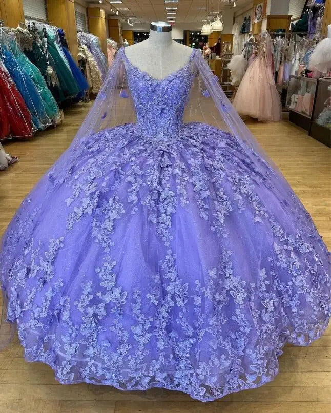 WQ1068 - Ball Gown Sweetheart Neck Long Sleeves 3D Butterfly Lace Appliques Beaded Lavender Tulle Quinceanera Dress for Sweet 16