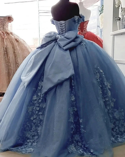 Robe de Quinceanera à épaules dénudées pour femmes, fleurs bleues, appliques en dentelle, tulle perlé, nœud papillon, robe de bal bouffante, robes Sweet 15 16