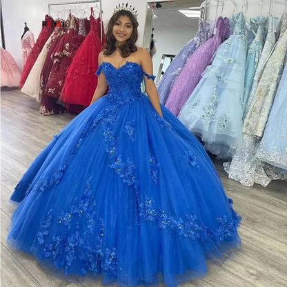 Schulterfrei Königsblau Ballkleid Quinceanera Kleider Schatz Blumen Applikationen Perlen Tüll Sweet 15 16 Prinzessin Abschlussball Partykleid